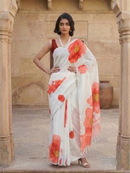 Anjaneya Sarees - Women Orange Designer Linen Silk Printed Saree with Unstitched Blouse