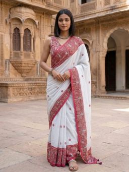 Anjaneya Sarees - Women Red Designer Linen Silk Printed Saree with Unstitched Blouse