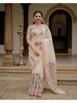 Anjaneya Sarees - Women Cream Designer Linen Silk Printed Saree with Unstitched Blouse