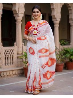 Anjaneya Sarees - Women White Designer Linen Silk Printed Saree with Unstitched Blouse