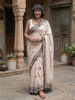 Anjaneya Sarees - Women Beige Designer Linen Silk Printed Saree with Unstitched Blouse