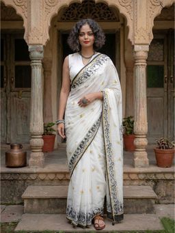 Anjaneya Sarees - Women White Designer Linen Silk Printed Saree with Unstitched Blouse