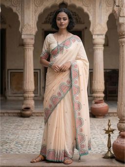 Anjaneya Sarees - Women Beige Designer Linen Silk Printed Saree with Unstitched Blouse