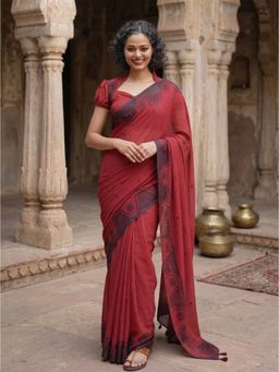 Anjaneya Sarees - Women Red Designer Linen Silk Printed Saree with Unstitched Blouse