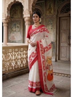 Anjaneya Sarees - Women White Designer Linen Silk Printed Saree with Unstitched Blouse