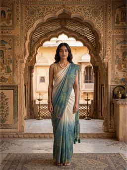 Anjaneya Sarees - Women Cream Designer Linen Silk Printed Saree with Unstitched Blouse