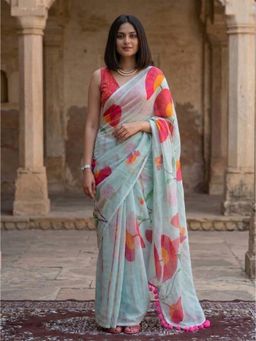 Anjaneya Sarees - Women Blue Designer Linen Silk Printed Saree with Unstitched Blouse