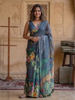 Anjaneya Sarees - Women Blue Designer Linen Silk Printed Saree with Unstitched Blouse