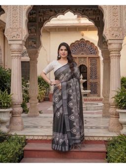Anjaneya Sarees - Women Black Designer Linen Silk Printed Saree with Unstitched Blouse