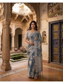 Anjaneya Sarees - Women Grey Designer Linen Silk Printed Saree with Unstitched Blouse