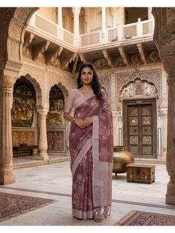 Anjaneya Sarees - Women Maroon Designer Linen Silk Printed Saree with Unstitched Blouse
