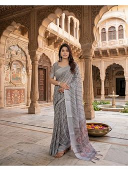 Anjaneya Sarees - Women Grey Designer Linen Silk Printed Saree with Unstitched Blouse