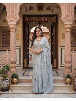 Anjaneya Sarees - Women Blue Designer Linen Silk Printed Saree with Unstitched Blouse