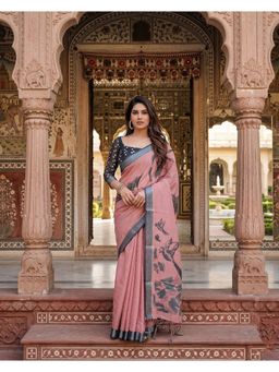 Anjaneya Sarees - Women Pink Designer Linen Silk Printed Saree with Unstitched Blouse