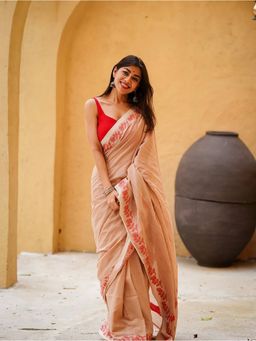 Anjaneya Sarees - Women Beige Designer Linen Silk Printed Saree with Unstitched Blouse