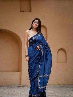 Anjaneya Sarees - Women Blue Designer Linen Silk Printed Saree with Unstitched Blouse
