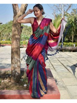 Ruuprekha - Women Multi Color Colorblock Pure Cotton Khadi Saree with Unstitched Blouse