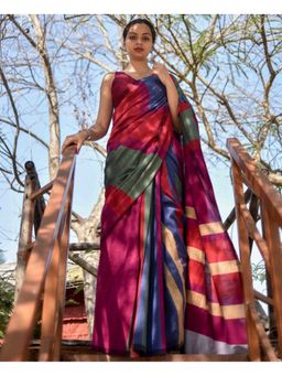 Ruuprekha - Women Multi-Color Colorblock Pure Cotton Khadi Saree with Unstitched Blouse