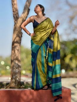 Ruuprekha - Women Olive Colorblock Pure Cotton Khadi Saree with Unstitched Blouse