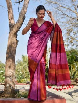 Ruuprekha - Women Pink Colorblock Pure Cotton Khadi Saree with Unstitched Blouse