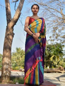 Ruuprekha - Women Purple Colorblock Pure Cotton Khadi Saree with Unstitched Blouse