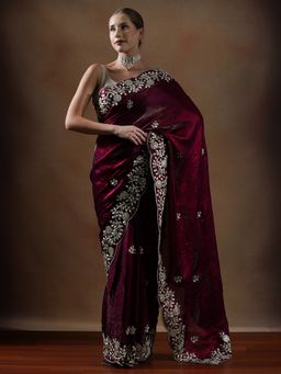 Lush Glam - Women Maroon Embroidered Work Silk Saree with Unstitched Blouse