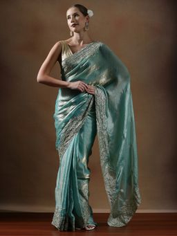 Lush Glam - Women Turquoise Embroidered Work Silk Saree with Unstitched Blouse