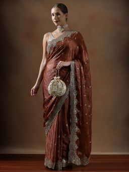 Lush Glam - Women Rust Embellished Work Silk Saree with Unstitched Blouse