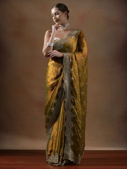 Lush Glam - Women Yellow Embellished Work Silk Saree with Unstitched Blouse