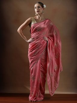 Lush Glam - Women Peach Embellished Work Silk Saree with Unstitched Blouse