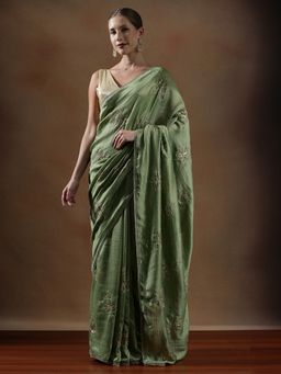 Lush Glam - Women Green Embellished Work Silk Saree with Unstitched Blouse