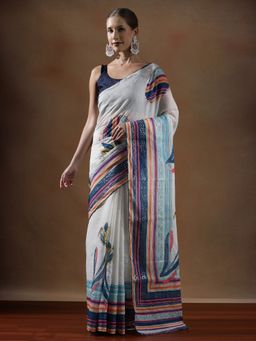 Lush Glam - Women White Fancy Premium Cotton Saree with Unstitched Blouse