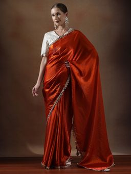 Lush Glam - Women Orange Designer Silk Fancy Lace Border Saree with Unstitched Blouse