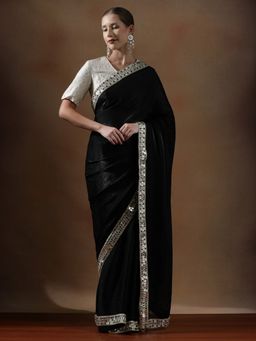 Lush Glam - Women Black Designer Silk Fancy Lace Border Saree with Unstitched Blouse
