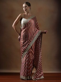 Lush Glam - Women Rust Designer Leheriya Silk Fancy Lace Border Saree with Unstitched Blouse