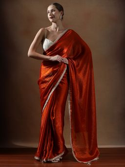Lush Glam - Women Orange Designer Silk Fancy Lace Border Saree with Unstitched Blouse