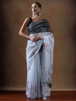Lush Glam - Women White Designer Printed Organza Saree with Unstitched Blouse