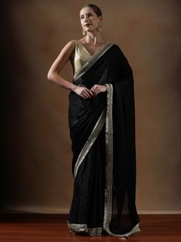Lush Glam - Women Black Designer Silk Fancy Mirror Work Border Saree with Unstitched Blouse