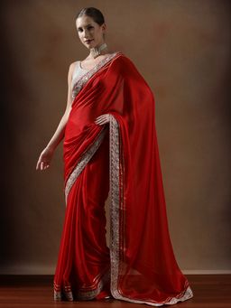 Lush Glam - Women Red Designer Silk Fancy Embroidered Lace Border Saree with Unstitched Blouse