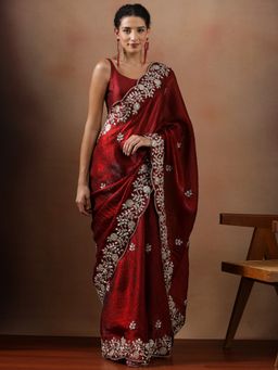 Lush Glam - Women Red Embroidered Work Silk Saree with Unstitched Blouse