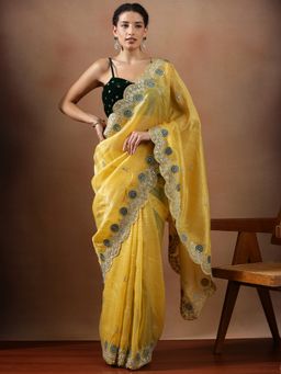 Lush Glam - Women Yellow Embroidered Work Art Silk Saree with Unstitched Blouse