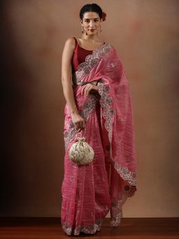Lush Glam - Women Peach Embroidered Work Art Silk Saree with Unstitched Blouse
