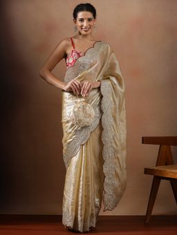 Lush Glam - Women Cream Designer Embroidery work Organza Saree with Unstitched Blouse
