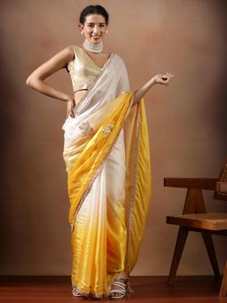 Lush Glam - Women Yellow Designer Gotta Patti Fancy Lace Border Saree with Unstitched Blouse
