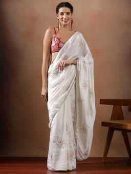 Lush Glam - Women White Embroidered Work Silk Saree with Unstitched Blouse