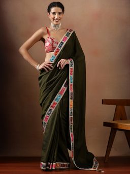 Lush Glam - Women Olive Designer Silk Fancy Bandhej Print Saree with Unstitched Blouse