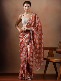 Lush Glam - Women Orange Designer Printed Silk Fancy Lace Border Saree with Unstitched Blouse