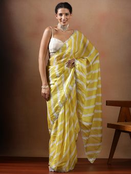 Lush Glam - Women Yellow Designer Printed Silk Fancy Lace Border Saree with Unstitched Blouse