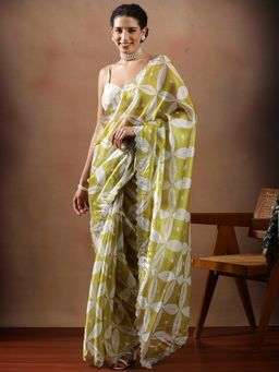 Lush Glam - Women Green Designer Printed Silk Fancy Lace Border Saree with Unstitched Blouse