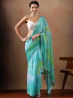 Lush Glam - Women Blue Tie & Dye Georgette Beads Work Lace Border Saree with Unstitched Blouse
